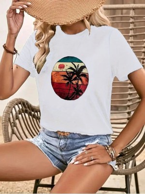 Lune Store Kadın Kısa Kollu Palmiye Baskılı Viskon T-Shirt