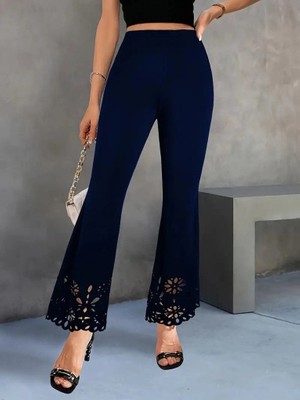 Lune Store Kadın Yüksek Bel Paçaya Doğru Genişleyen Lazer Çiçek Kesim Detaylı Ithal Krep Pantolon