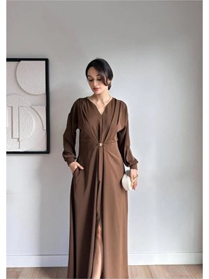 Klex Uzun Kollu Metal Tokalı Yırtmaçlı Maxi Elbise 5138 Acı Kahve - L