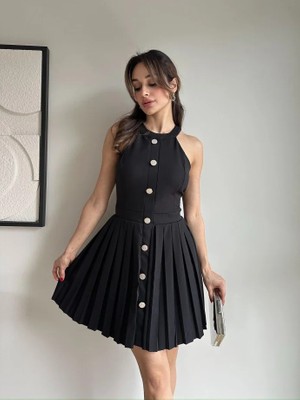 Klex Halter Yaka Pliseli Düğme Detaylı Mini Elbise 5008 Siyah - M