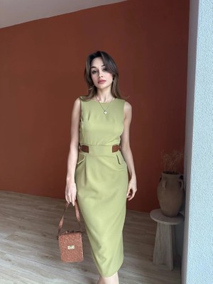 Klex Bisiklet Yaka Deri Garnili Kalem Elbise 5014 Haki - M
