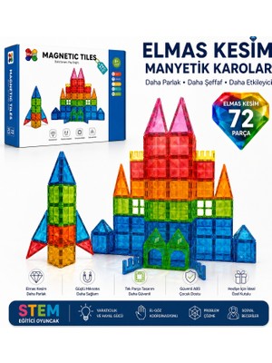 72 Parça Elmas Kesim Manyetik Yapı Blokları, Mıknatıslı Karo Stem Oyuncak Seti
