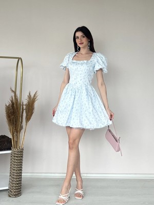 Klex Çiçek Desenli Kare Yaka Mini Elbise 5104 Mavi - L