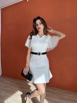 Klex V Yaka Şifon Kol Detaylı Kemerli Mini Elbise 5006 Beyaz - S