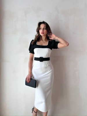 Klex Kare Yaka Inci Detaylı Kemerli Kalem Elbise 5009 Beyaz - Xl