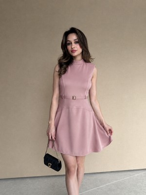 Klex Yarım Balıkçı Yaka Kemerli Mini Jile Elbise 5019 Gül Kurusu - S