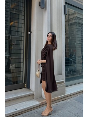 Klex Broşlu Drape Detaylı Mini Elbise 6028 Kahverengi - M