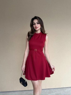 Klex Yarım Balıkçı Yaka Kemerli Mini Jile Elbise 5019 Bordo - Xl
