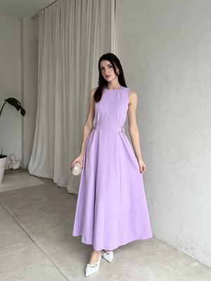 Klex Kadın Kolsuz A Kesim Midi Abiye Elbise 6071 Lila - M