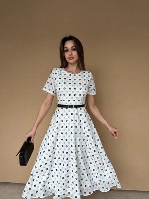 Klex Bisiklet Yaka Çiçek Desenli Kemerli Midi Elbise 5011 Beyaz - M