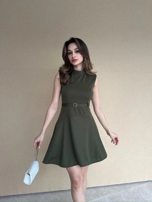 Klex Yarım Balıkçı Yaka Kemerli Mini Jile Elbise 5019 Haki - L