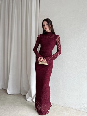 Klex Dantel Uzun Kol Balık Kesim Abiye Elbise 6074 Bordo - S