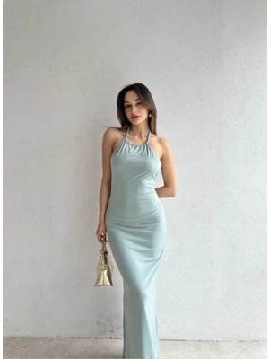 Klex Boyundan Bağlamalı Sırt Dekolteli Uzun Elbise 7012 Mint Yeşili - Xl