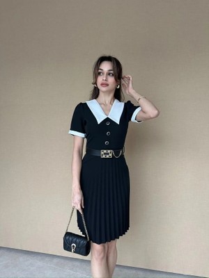 Klex Kontrast Yakalı Pliseli Midi Elbise 5003 Siyah - M