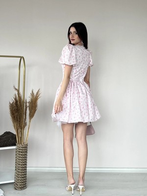 Klex Çiçek Desenli Kare Yaka Mini Elbise 5104 Pembe - M
