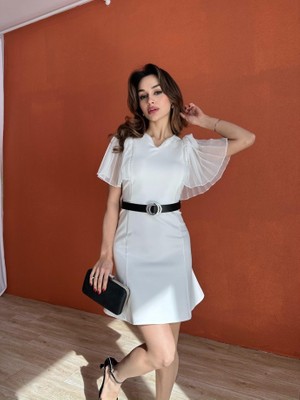 Klex V Yaka Şifon Kol Detaylı Kemerli Mini Elbise 5006 Beyaz - Xl
