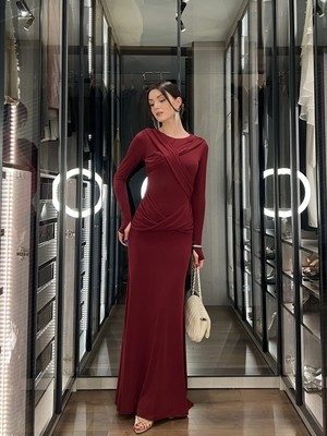 Klex Çapraz Drapeli Uzun Kol Uzun Abiye Elbise 6065 Bordo - L