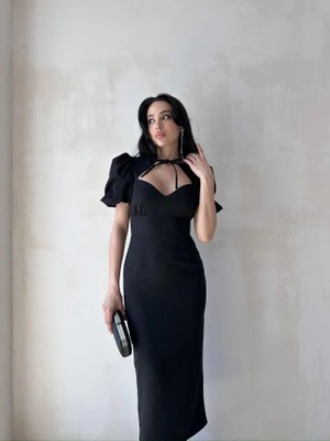 Klex Bianca Yaka Detaylı Puff Kol Midi Elbise 5031 Siyah - S