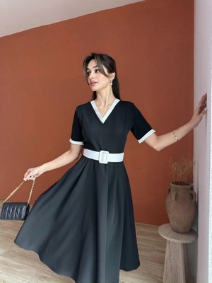 Klex V Yaka Kontrast Şeritli Kemerli Midi Elbise 5002 Siyah - L