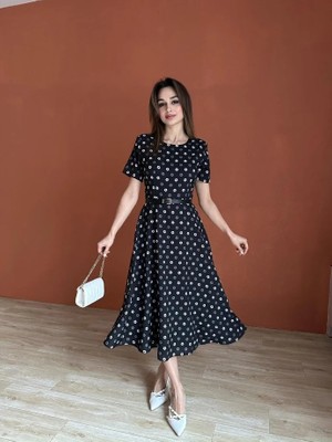 Klex Bisiklet Yaka Çiçek Desenli Kemerli Midi Elbise 5011 Siyah - M