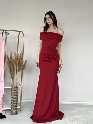 Klex Kayık Yaka Drapeli Uzun Elbise 5018 Bordo - M