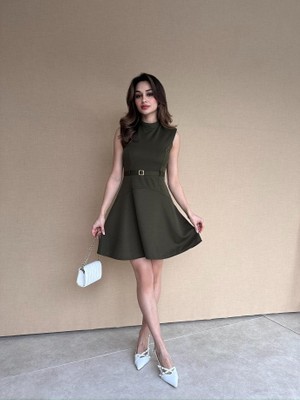 Klex Yarım Balıkçı Yaka Kemerli Mini Jile Elbise 5019 Haki - M