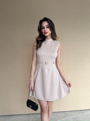 Klex Yarım Balıkçı Yaka Kemerli Mini Jile Elbise 5019 Taş - Xl