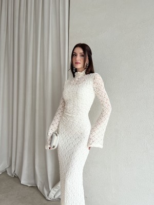Klex Dantel Uzun Kol Balık Kesim Abiye Elbise 6074 Beyaz - S