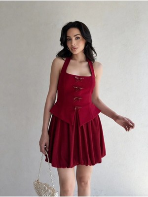 Klex Halter Yaka Fiyonk Detaylı Mini Elbise 5073 Bordo - L