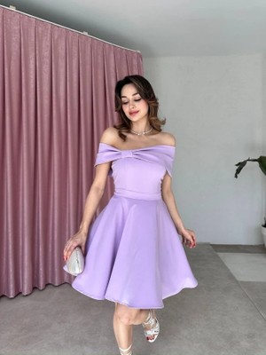 Klex Madonna Yaka Fiyonk Detaylı Kloş Mini Elbise 5032 Lila - Xl