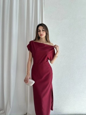 Klex Tek Omuz Askı Detaylı Drapeli Kalem Elbise 5039 Bordo - L