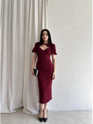 Klex Bianca Yaka Detaylı Puff Kol Midi Elbise 5031 Bordo - L