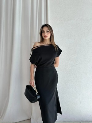 Klex Tek Omuz Askı Detaylı Drapeli Kalem Elbise 5039 Siyah - M