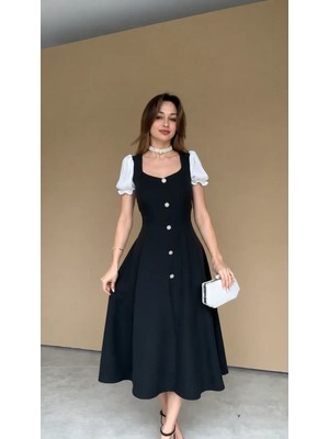 Klex Kare Yaka Karpuz Kol Taş Düğmeli Midi Elbise 5001 Siyah - S