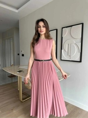 Klex Kemer Detaylı Piliseli Elbise 5015 Gül Kurusu - S