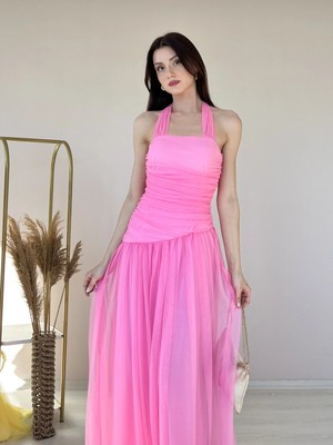 Klex Tül Detaylı Askılı Uzun Abiye Elbise 6086 Pembe - S