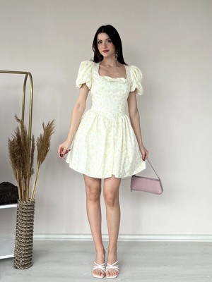 Klex Çiçek Desenli Kare Yaka Mini Elbise 5104 Sarı - L
