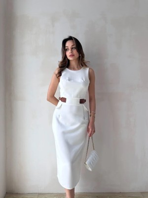 Klex Bisiklet Yaka Deri Garnili Kalem Elbise 5014 Beyaz - M