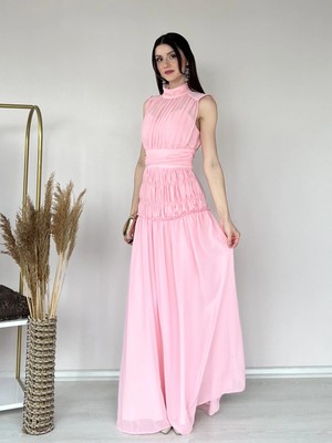 Klex Şifon Uzun Abiye Elbise 6083 Pembe - S