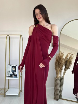 Klex Tek Omuz Kol Detaylı Drapeli Uzun Abiye Elbise 6099 Bordo - S