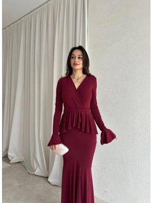 Klex Kruvaze Yaka Volan Detaylı Uzun Elbise 6012 Bordo - Xl