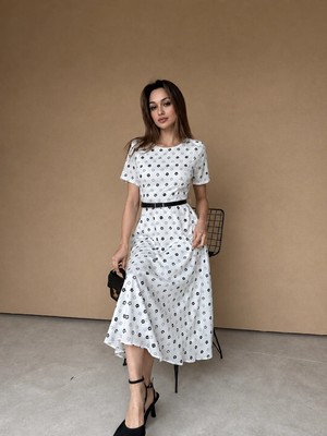 Klex Bisiklet Yaka Çiçek Desenli Kemerli Midi Elbise 5011 Gri - Xl