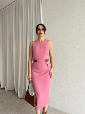Klex Bisiklet Yaka Deri Garnili Kalem Elbise 5014 Pembe - Xl