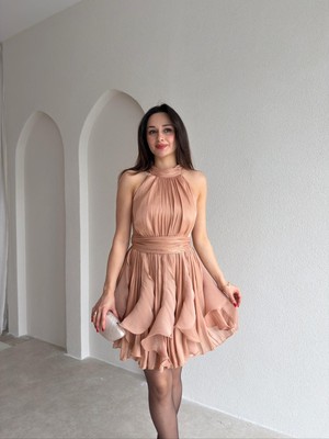Klex Kadın Boyundan Bağlamalı Kat Kat Şifon Mini Abiye Elbise 6072 Gold - Xl