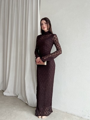 Klex Dantel Uzun Kol Balık Kesim Abiye Elbise 6074 Kahverengi - Xl