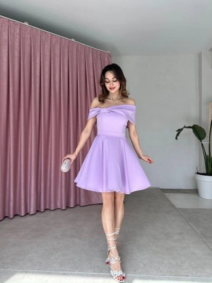 Klex Madonna Yaka Fiyonk Detaylı Kloş Mini Elbise 5032 Lila - M