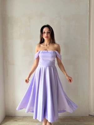 Klex Düşük Omuz Saten Midi Davet Elbisesi 5030 Lila - S