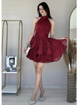 Klex Kadın Boyundan Bağlamalı Kat Kat Şifon Mini Abiye Elbise 6072 Bordo - Xl