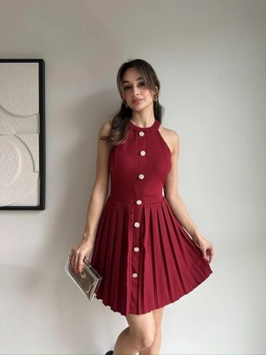 Klex Halter Yaka Pliseli Düğme Detaylı Mini Elbise 5008 Bordo - S