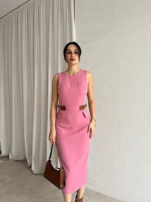 Klex Bisiklet Yaka Deri Garnili Kalem Elbise 5014 Pembe - M